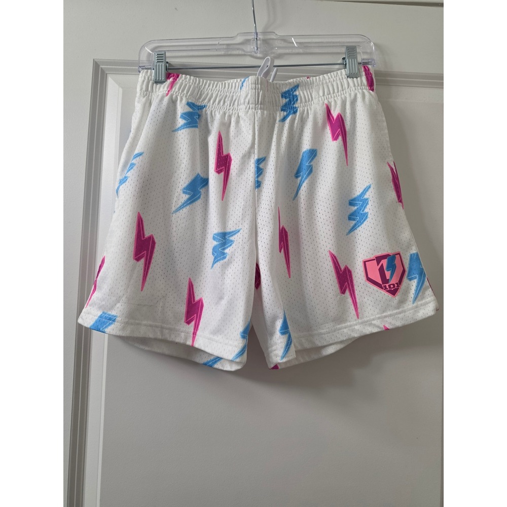 BL101 Apparel Lightning Bolt Mesh Basketball Shorts White Pink Blue Small